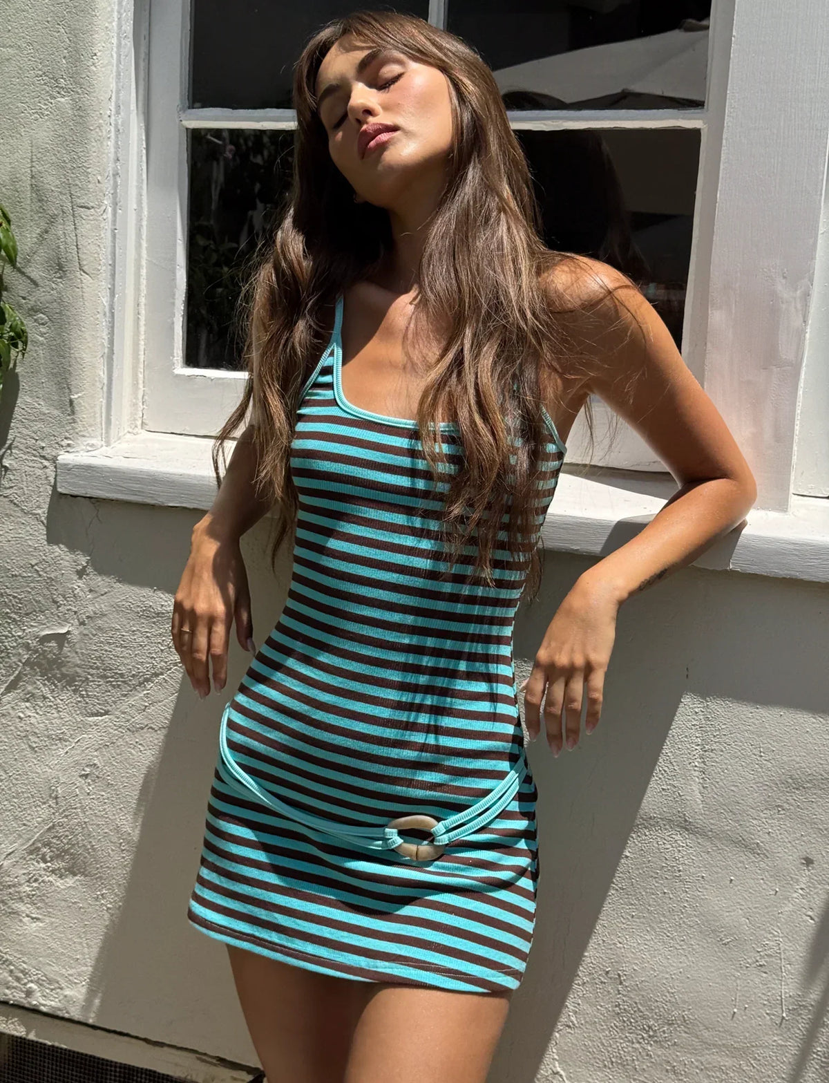 Stripe Ribbed Knit Ring Buckle Hip Strap Bodycon Mini Dress
