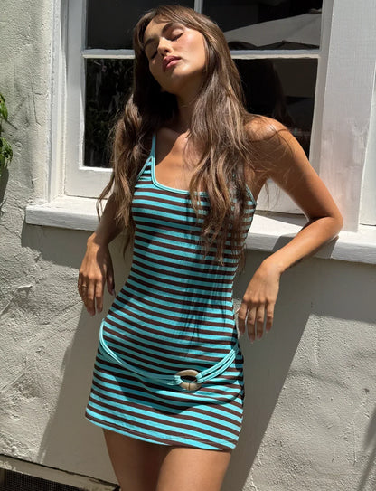 Stripe Ribbed Knit Ring Buckle Hip Strap Bodycon Mini Dress