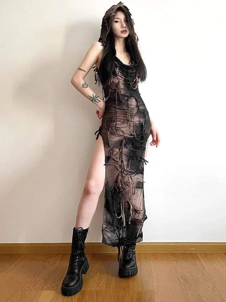 Sleeveless Hooded Shredded Distressed High Slit Fringe Trim Maxi Dress