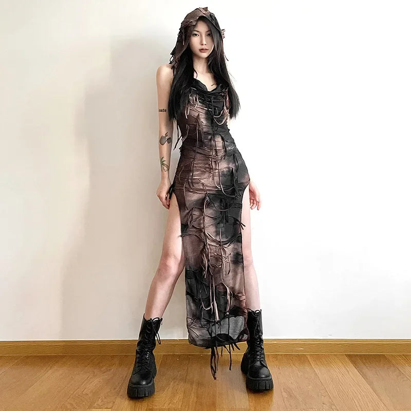 Sleeveless Hooded Shredded Distressed High Slit Fringe Trim Maxi Dress