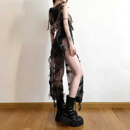 Sleeveless Hooded Shredded Distressed High Slit Fringe Trim Maxi Dress