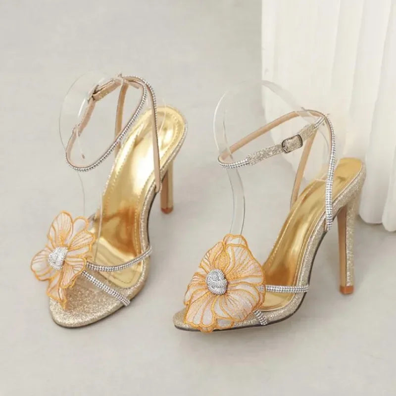 Temperament rhinestone embroidered flower peep toe ankle strap wedding High Heel