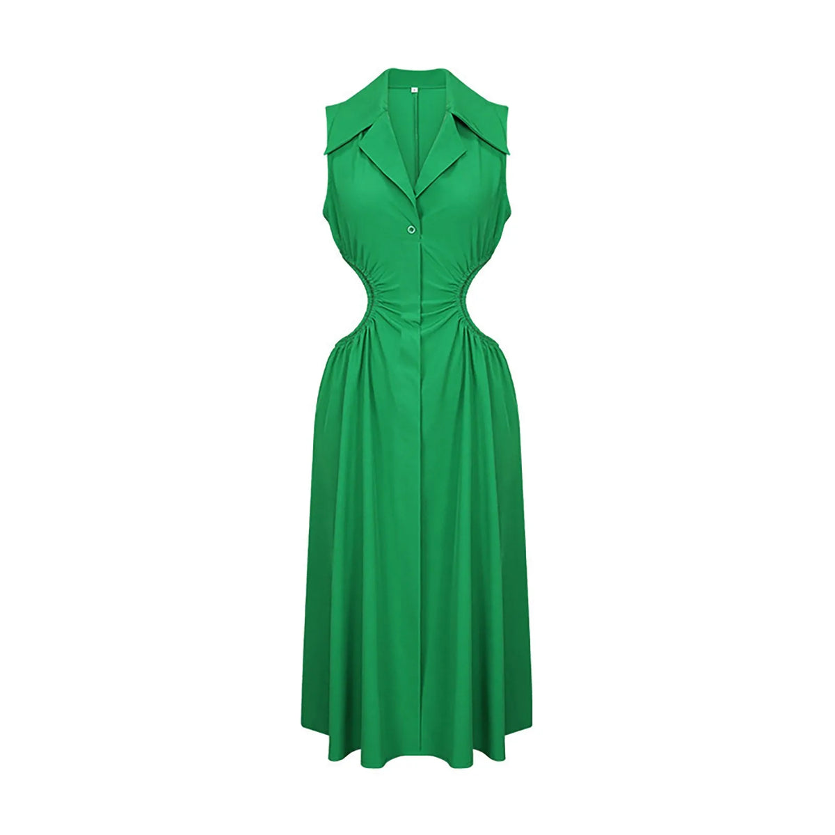 Collared Button Front Waist Cutout A-Line Midi Shirt Dress