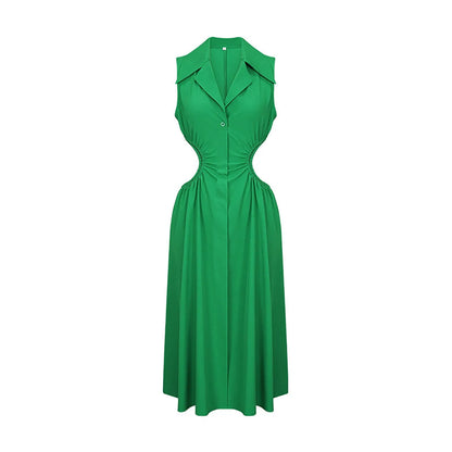 Collared Button Front Waist Cutout A-Line Midi Shirt Dress