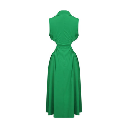 Collared Button Front Waist Cutout A-Line Midi Shirt Dress