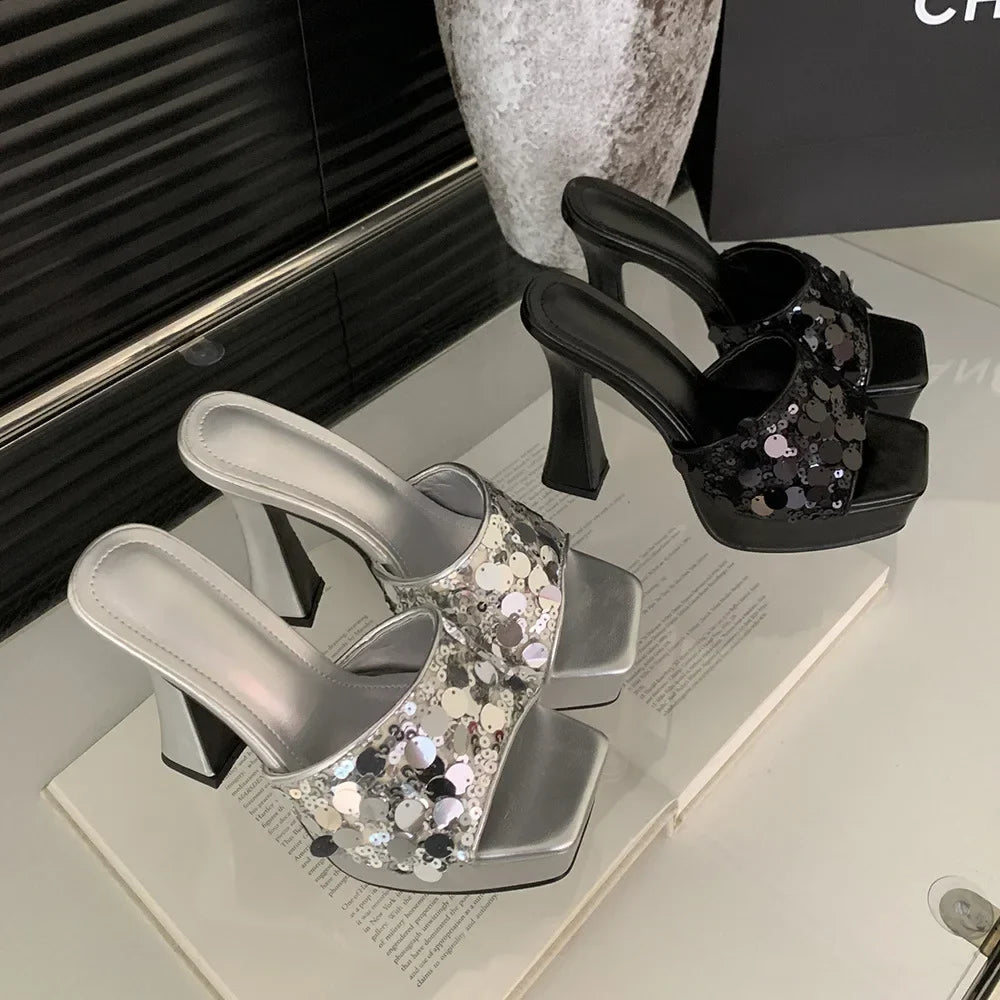 Temperamental Outdoors Platform Shoes Peep Toe Bling Square Head High-Heel High Heel
