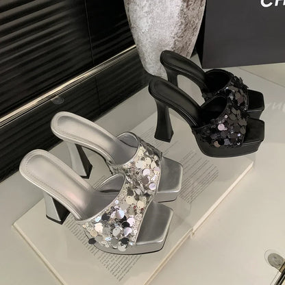 Temperamental Outdoors Platform Shoes Peep Toe Bling Square Head High-Heel High Heel