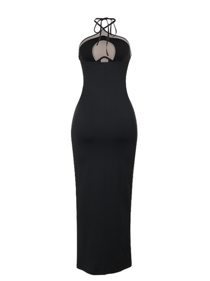 Colorblock Panel Halter Cross Strap Bodycon Maxi Dress