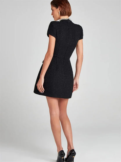Tosssy Shiny Elegant Female MIni Dress Pocket Short Sleeve Patchwork Fashion Slim Party Dress Gown Women’s Glitter Vntage Dress