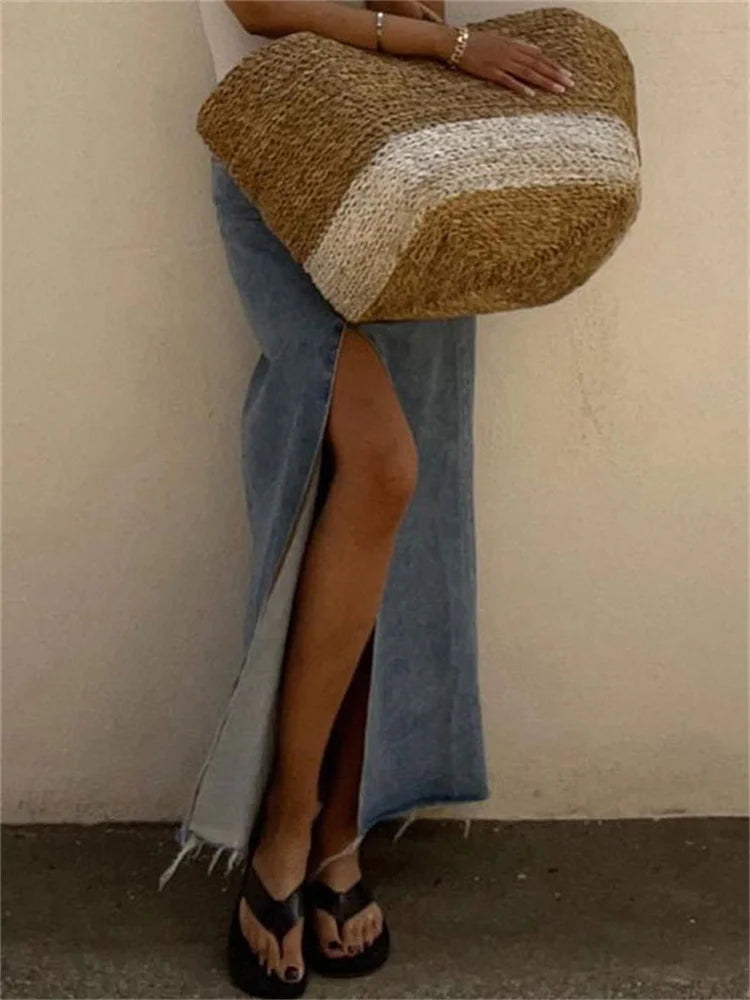 2025 New Casual High Waist Denim Skirts Women Spilt Out Maxi Jean Skirt Summer Holiday Long Skirts