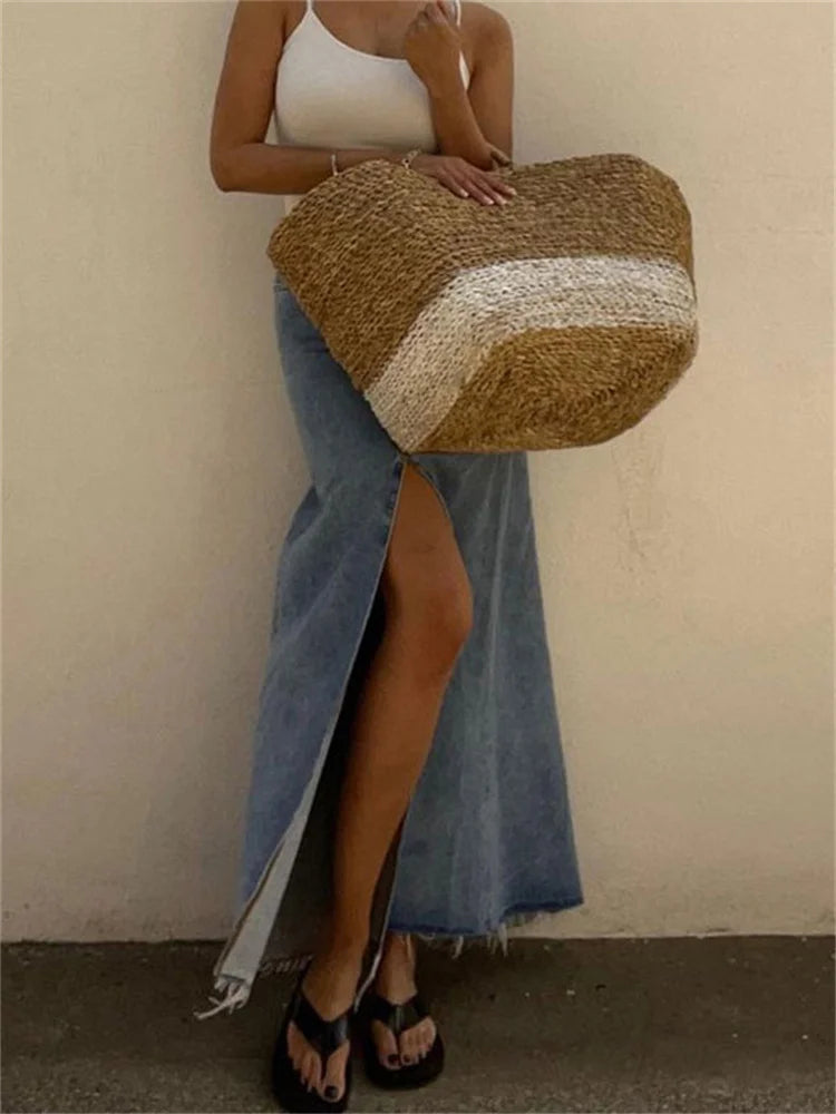 2025 New Casual High Waist Denim Skirts Women Spilt Out Maxi Jean Skirt Summer Holiday Long Skirts