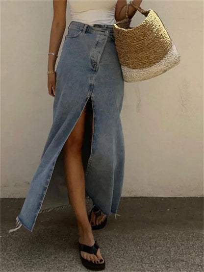 2025 New Casual High Waist Denim Skirts Women Spilt Out Maxi Jean Skirt Summer Holiday Long Skirts