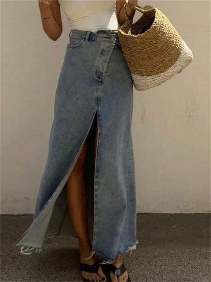 2025 New Casual High Waist Denim Skirts Women Spilt Out Maxi Jean Skirt Summer Holiday Long Skirts
