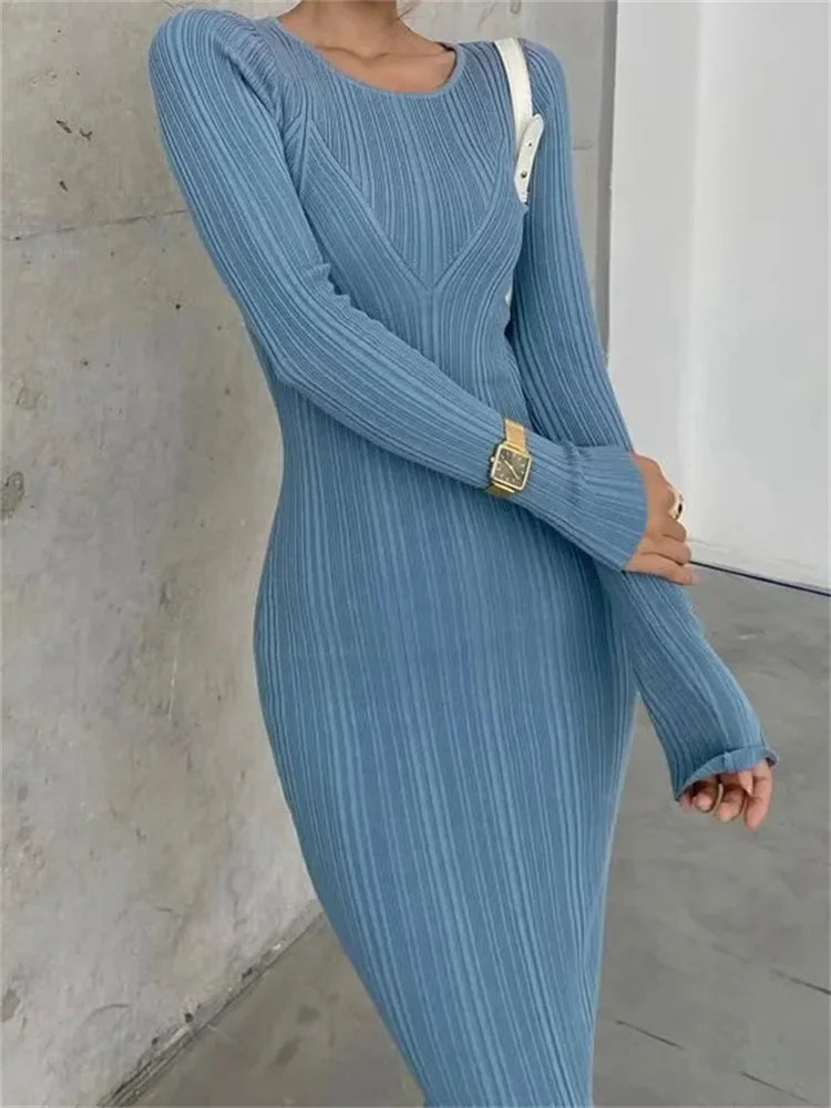Autumn Fashion Slim Long Dress Female Knitwear Slim High Waist Patchwork Long Sleeve Elegant Party Dress Ladies Knit Dress