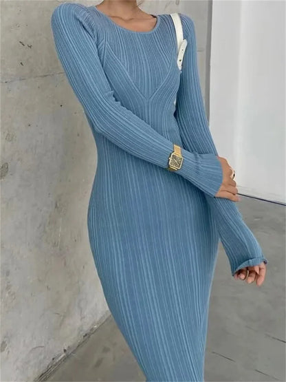 Autumn Fashion Slim Long Dress Female Knitwear Slim High Waist Patchwork Long Sleeve Elegant Party Dress Ladies Knit Dress