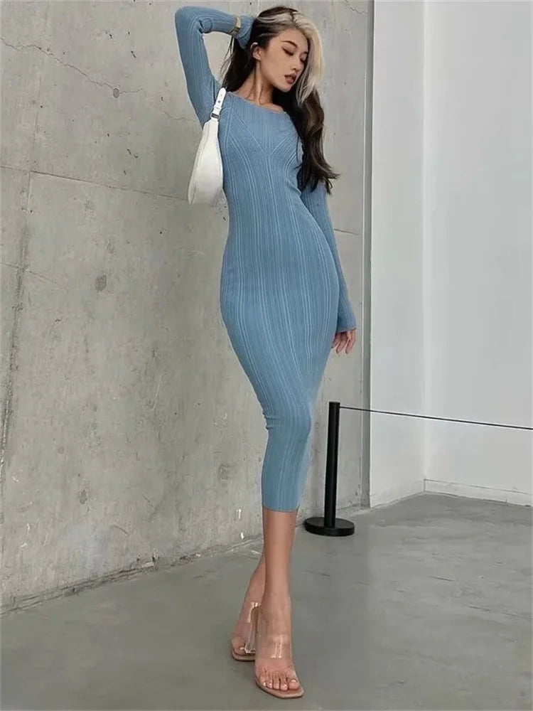 Autumn Fashion Slim Long Dress Female Knitwear Slim High Waist Patchwork Long Sleeve Elegant Party Dress Ladies Knit Dress