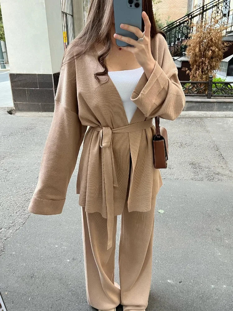 Autumn Knit 3 Piece-Set For Women Outfits Lace-Up Vest Outwear Wide Leg Trousers Outfits Casual Solid Pleated Ladies Sets