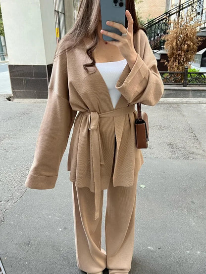 Autumn Knit 3 Piece-Set For Women Outfits Lace-Up Vest Outwear Wide Leg Trousers Outfits Casual Solid Pleated Ladies Sets
