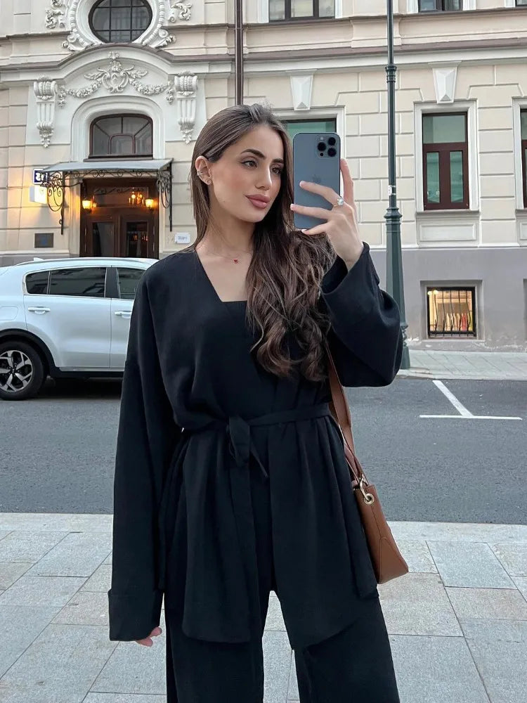 Autumn Knit 3 Piece-Set For Women Outfits Lace-Up Vest Outwear Wide Leg Trousers Outfits Casual Solid Pleated Ladies Sets