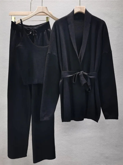 Autumn Knit 3 Piece-Set For Women Outfits Lace-Up Vest Outwear Wide Leg Trousers Outfits Casual Solid Pleated Ladies Sets