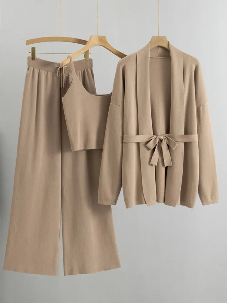 Autumn Knit 3 Piece-Set For Women Outfits Lace-Up Vest Outwear Wide Leg Trousers Outfits Casual Solid Pleated Ladies Sets