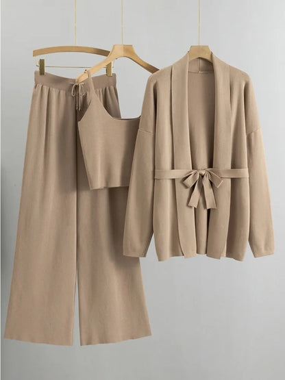 Autumn Knit 3 Piece-Set For Women Outfits Lace-Up Vest Outwear Wide Leg Trousers Outfits Casual Solid Pleated Ladies Sets
