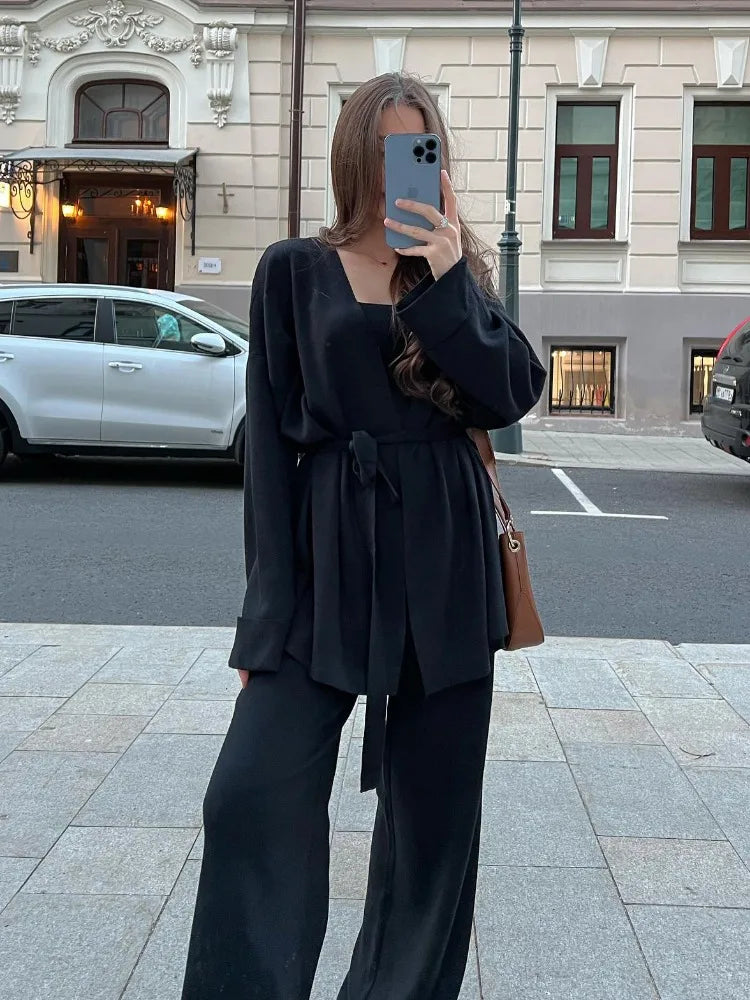 Autumn Knit 3 Piece-Set For Women Outfits Lace-Up Vest Outwear Wide Leg Trousers Outfits Casual Solid Pleated Ladies Sets
