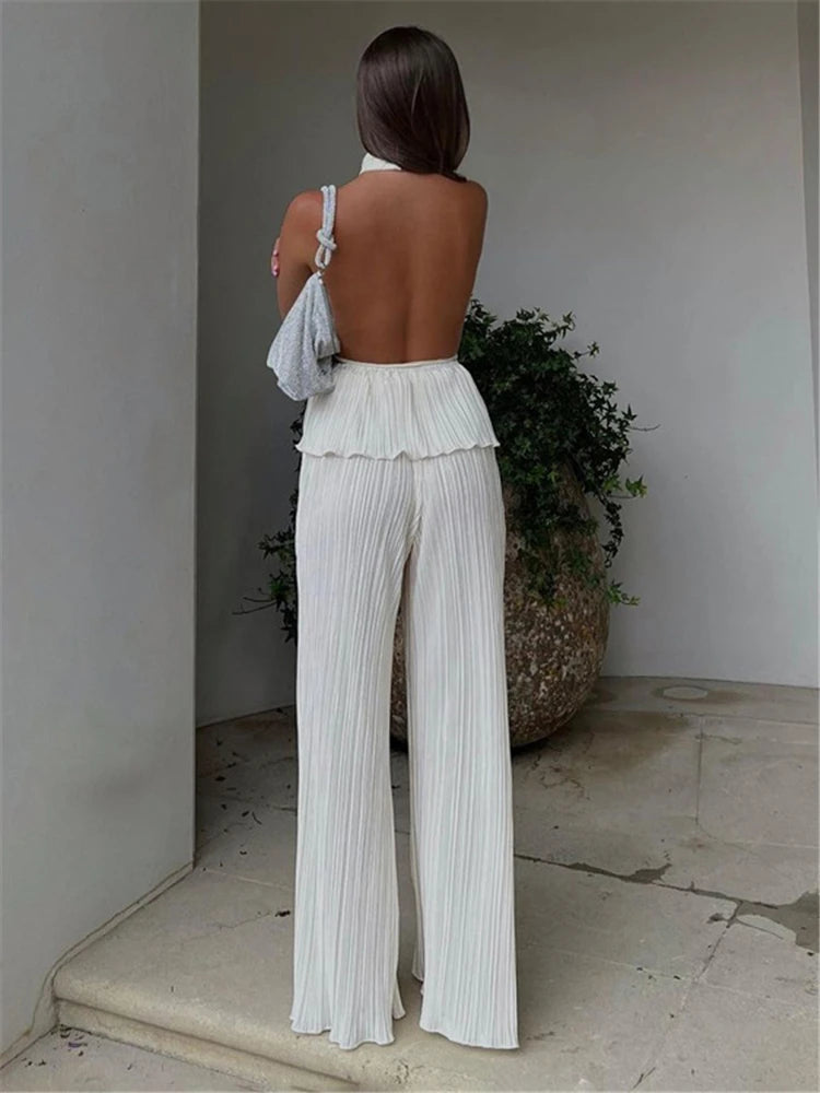 Casual Loose Halter Two Piece Sets Suit Women Summer High Waist Pants Set Ladies Elegant Ruched Travel Holiday Outfits