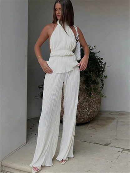 Casual Loose Halter Two Piece Sets Suit Women Summer High Waist Pants Set Ladies Elegant Ruched Travel Holiday Outfits