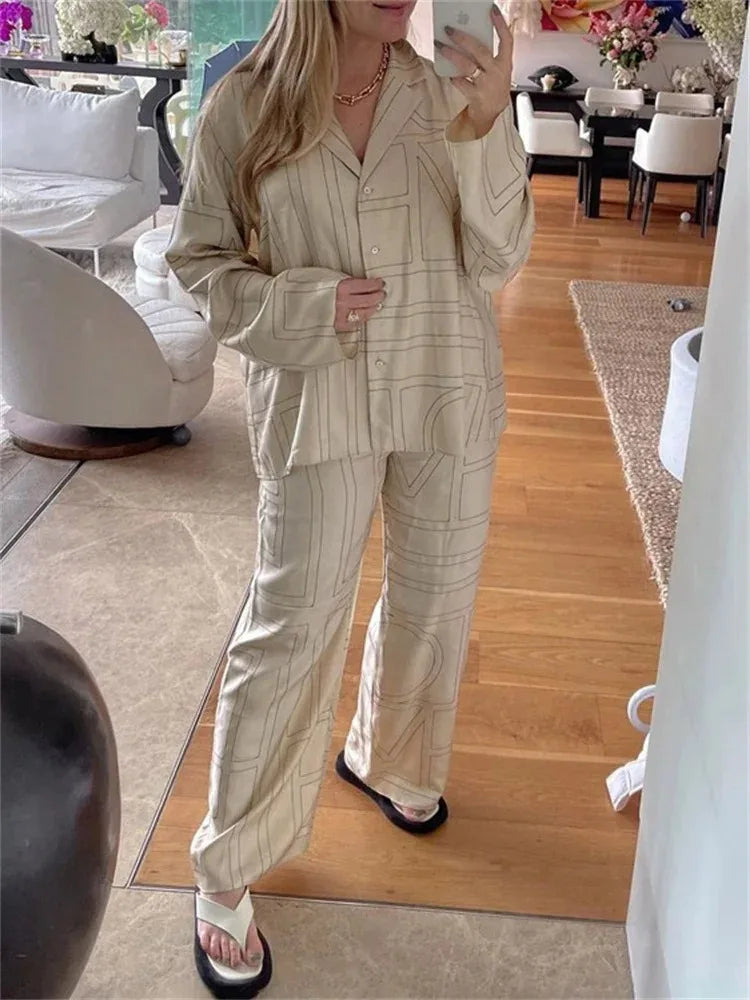 Casual Patchwork Printed 2 Piece-Set For Women Trousers Fashion Lapel Shirts Nightwear Slim High Waist Women’s Pants Sets