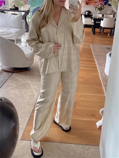 Casual Patchwork Printed 2 Piece-Set For Women Trousers Fashion Lapel Shirts Nightwear Slim High Waist Women’s Pants Sets