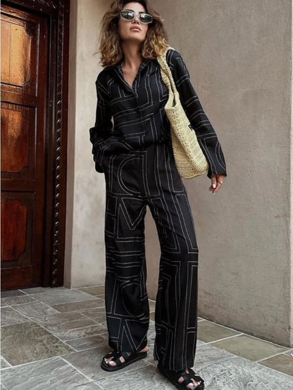 Casual Patchwork Printed 2 Piece-Set For Women Trousers Fashion Lapel Shirts Nightwear Slim High Waist Women’s Pants Sets