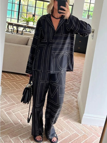 Casual Patchwork Printed 2 Piece-Set For Women Trousers Fashion Lapel Shirts Nightwear Slim High Waist Women’s Pants Sets