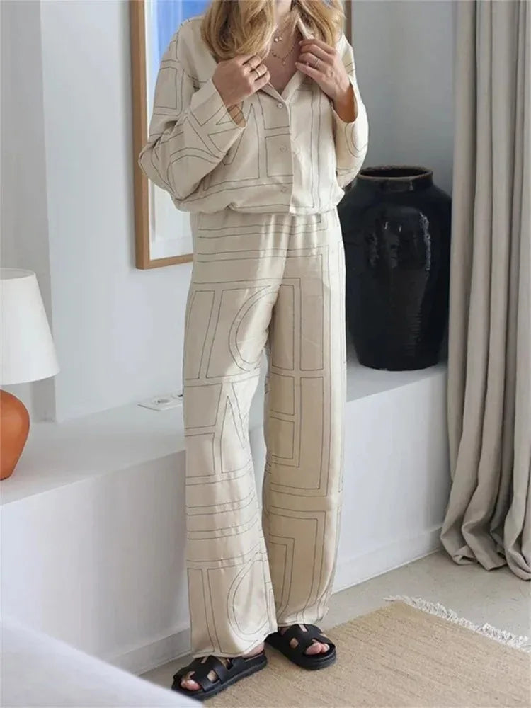 Casual Patchwork Printed 2 Piece-Set For Women Trousers Fashion Lapel Shirts Nightwear Slim High Waist Women’s Pants Sets