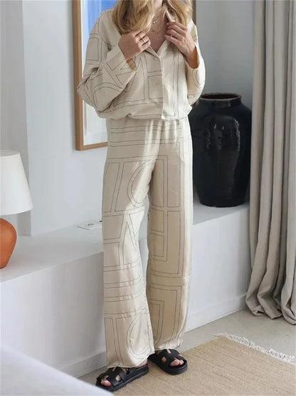Casual Patchwork Printed 2 Piece-Set For Women Trousers Fashion Lapel Shirts Nightwear Slim High Waist Women’s Pants Sets