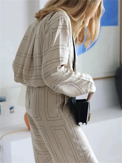 Casual Patchwork Printed 2 Piece-Set For Women Trousers Fashion Lapel Shirts Nightwear Slim High Waist Women’s Pants Sets