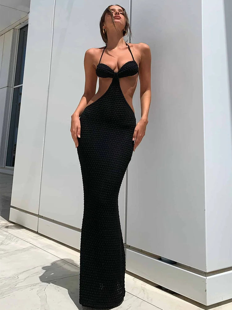 Elegant Backless Halter Maxi Dress for Women – Hollow Out Lace-Up Summer Party Dress