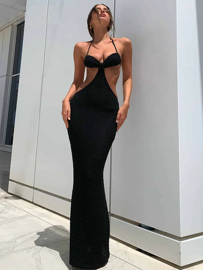 Elegant Backless Halter Maxi Dress for Women – Hollow Out Lace-Up Summer Party Dress