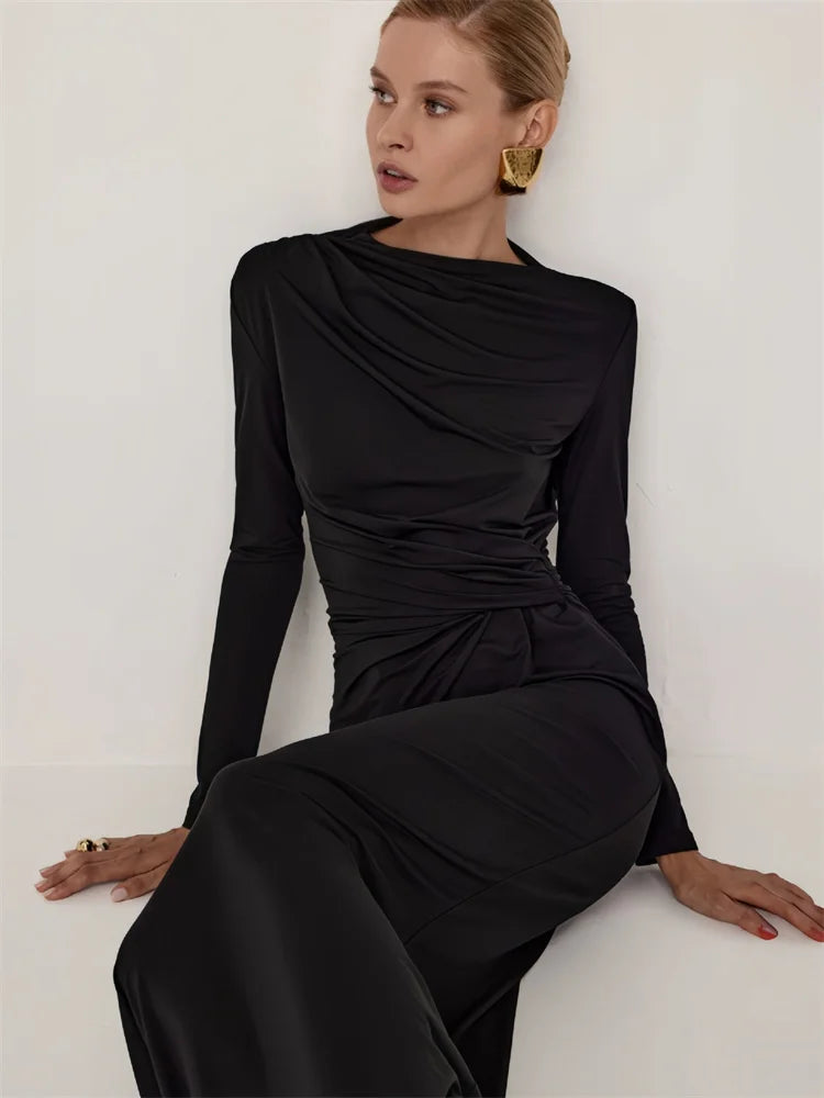 Fashion Autumn Pleated Long Dress Female High Waist Slim Bandage Solid Elegant Commute Clothes Ladies Y2k Maxi Dress