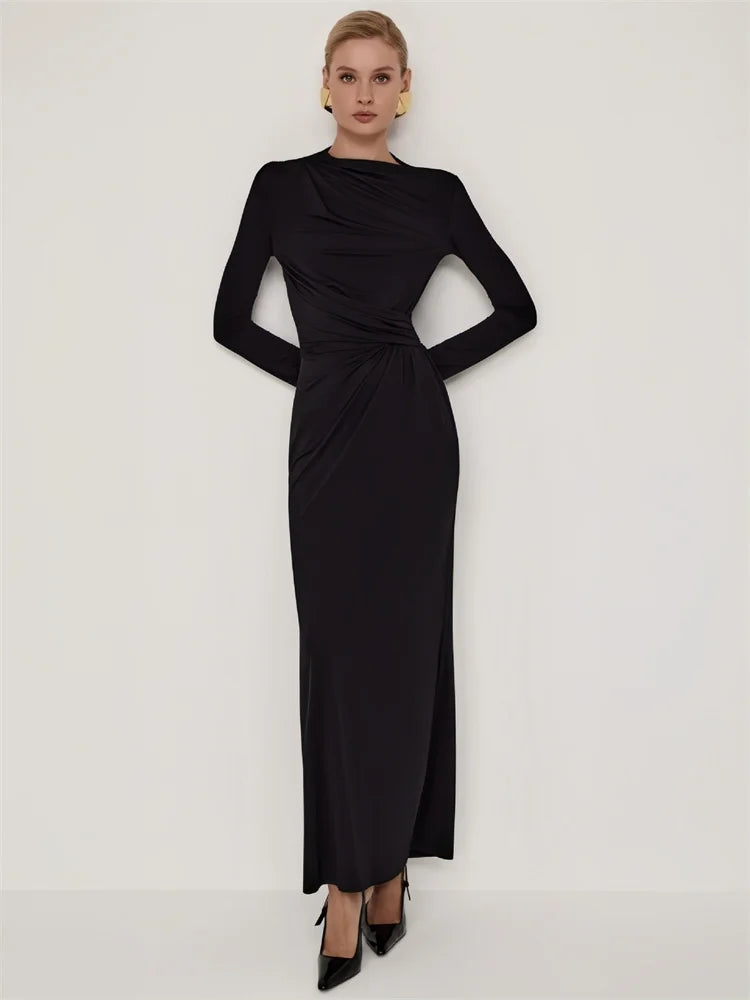 Fashion Autumn Pleated Long Dress Female High Waist Slim Bandage Solid Elegant Commute Clothes Ladies Y2k Maxi Dress