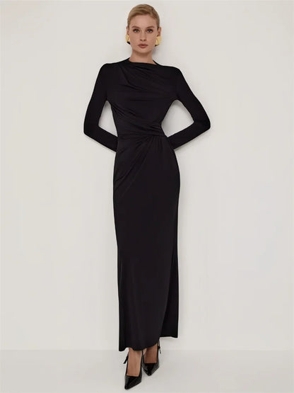 Fashion Autumn Pleated Long Dress Female High Waist Slim Bandage Solid Elegant Commute Clothes Ladies Y2k Maxi Dress