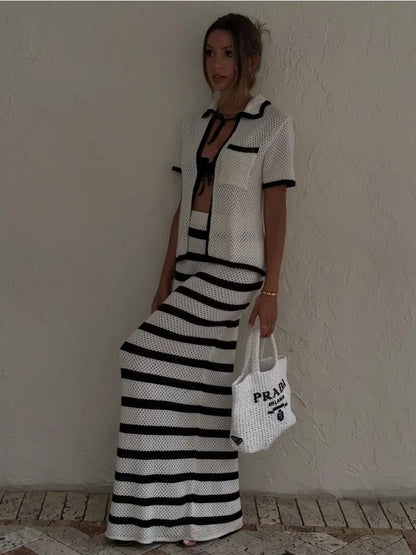 Fashion Contrast Knit 2 Piece-Set Women Lace-Up Short Sleeve Cardigan Top And Long Skirt Sets High Waist Knitwear Outfits