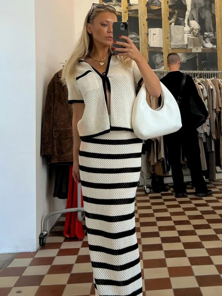 Fashion Contrast Knit 2 Piece-Set Women Lace-Up Short Sleeve Cardigan Top And Long Skirt Sets High Waist Knitwear Outfits