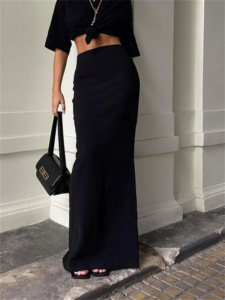 Fashion Women’s Black High Waist Maxi Skirt – Summer 2025 Elegant Slim Seamless Gown