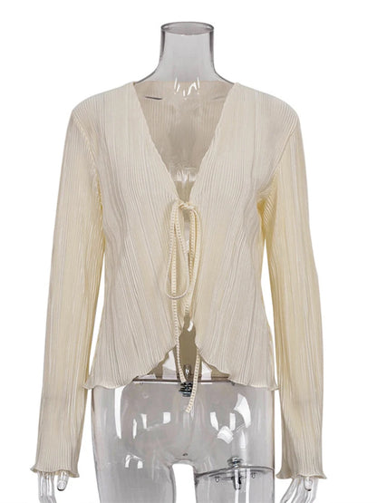 Fashion French Blouse Folds V-Neck Cardigan For Women Long Sleeve Sexy Slim Ruffles Top Summer Casual Streetwears 2025
