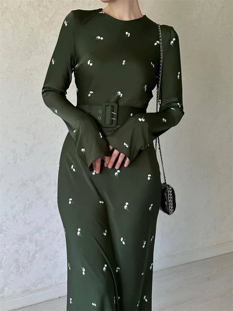 Fashion High Waist Long Dress Ladies Long Sleeve Slim Ruffled Patchwork Elegant Party Dress Printed Casual Maxi Dress 2025