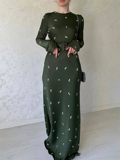 Fashion High Waist Long Dress Ladies Long Sleeve Slim Ruffled Patchwork Elegant Party Dress Printed Casual Maxi Dress 2025