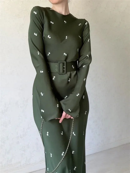 Fashion High Waist Long Dress Ladies Long Sleeve Slim Ruffled Patchwork Elegant Party Dress Printed Casual Maxi Dress 2025