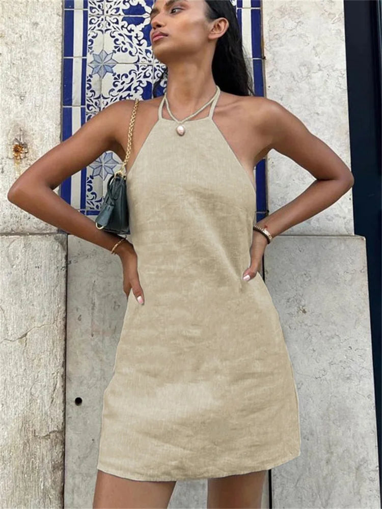 Female Backless Mini Dress Lace-Up Solid Basic Hanging neck Patchwork Casual Off-Shoulder Dress Sexy Fashion Women Dress