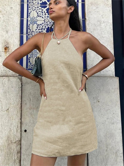 Female Backless Mini Dress Lace-Up Solid Basic Hanging neck Patchwork Casual Off-Shoulder Dress Sexy Fashion Women Dress